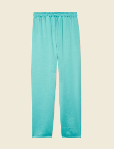 Pantalon large fluide satin bleu turquoise femme