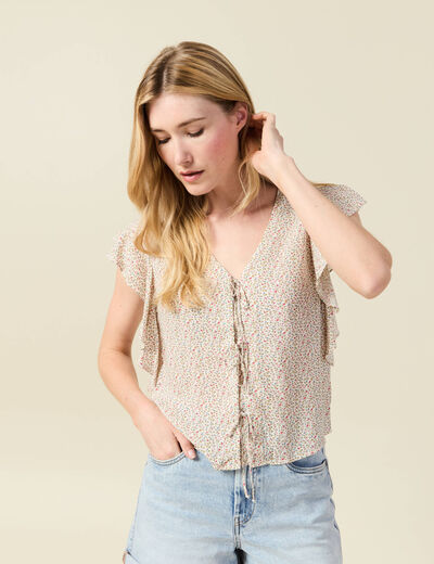 Blouse manches courtes nouée blanc femme