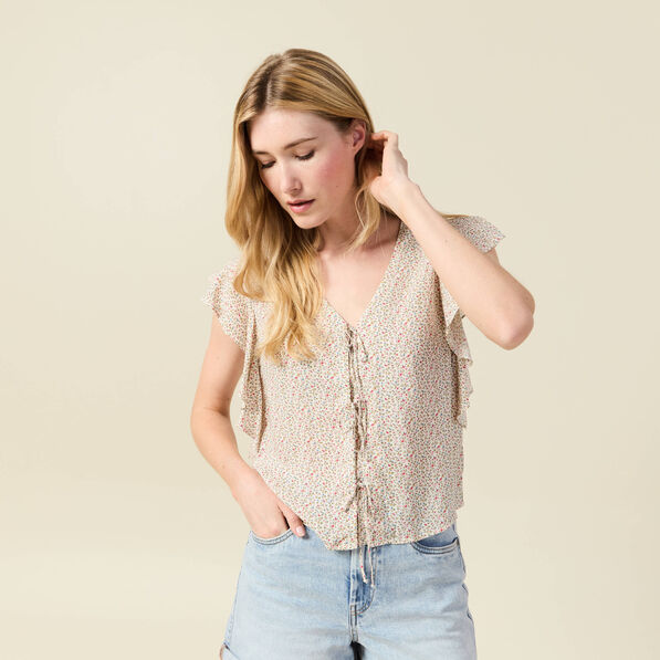 Blouse manches courtes nouée blanc femme
