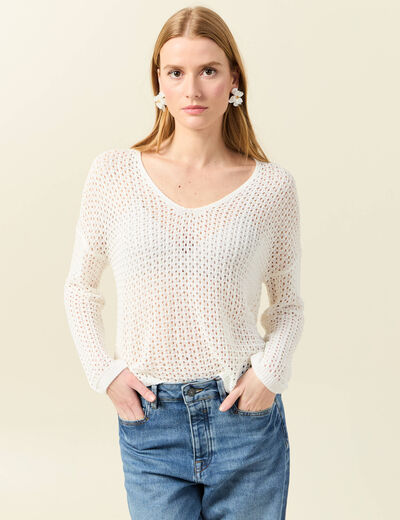 Pull manches longues ajouré ecru femme