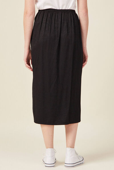 Jupe midi droite fendue satin noir femme