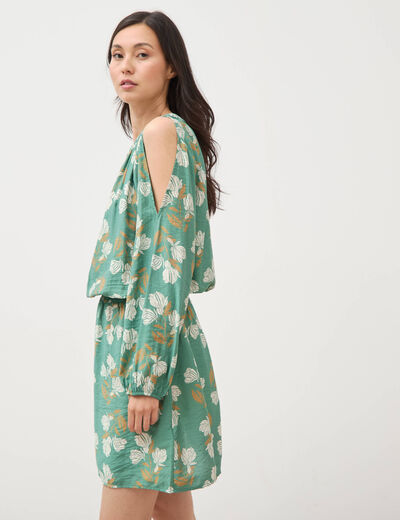 Robe manches longues col rond vert &eacute;meraude femme
