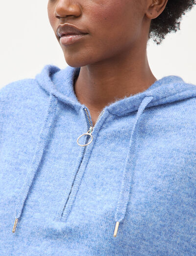 Pull &agrave; capuche zipp&eacute; bleu ciel femme