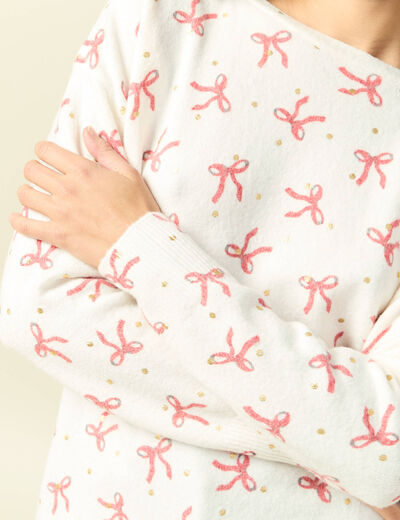 Pull de no&euml;l col bateau manches longues creme femme