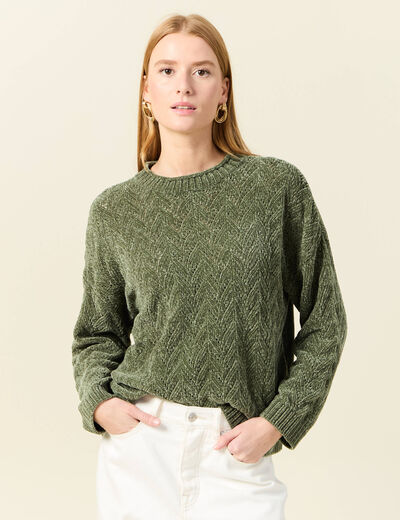 Pull manches longues ajouré vert kaki femme