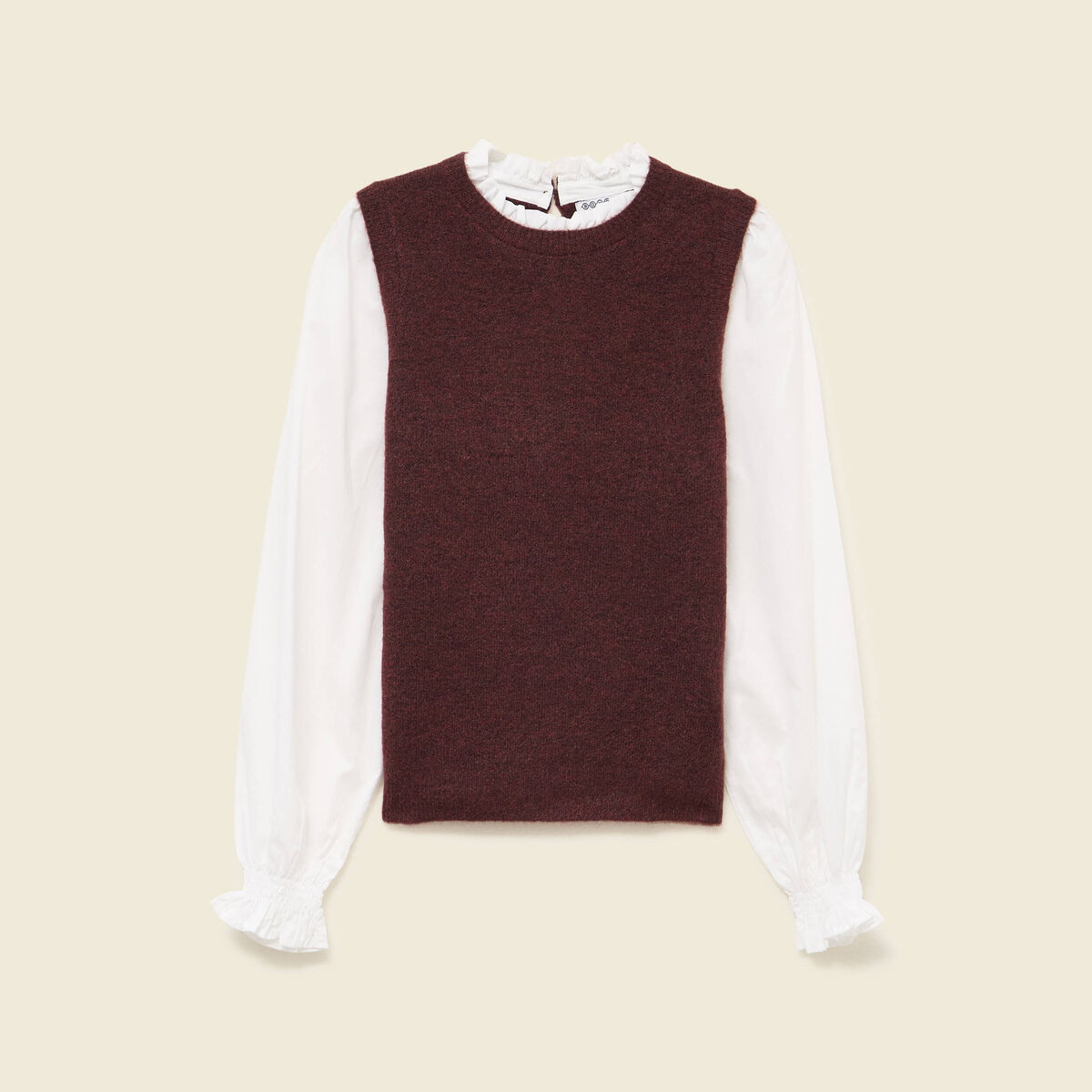 Pull 2 en 1 col rond manches longues marron femme