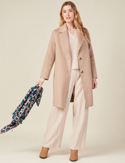 Manteau droit long boutonné marron clair femme