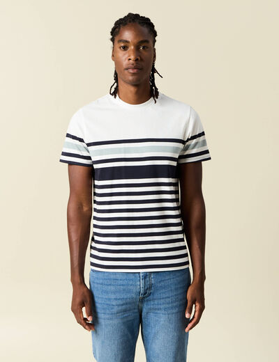 T-shirt ray&eacute; col rond manches courtes bleu marine homme