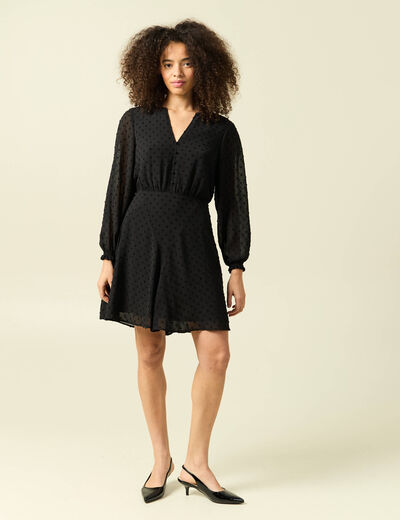 Robe fluide col v manches longues noir femme