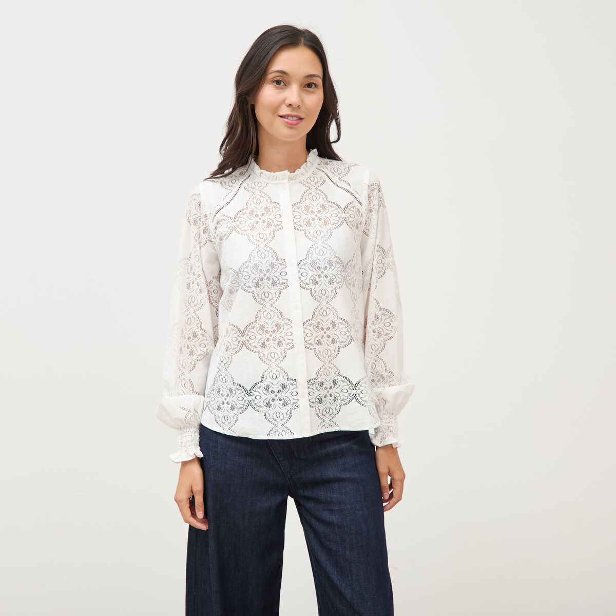 Chemise en dentelle manches longues ecru femme
