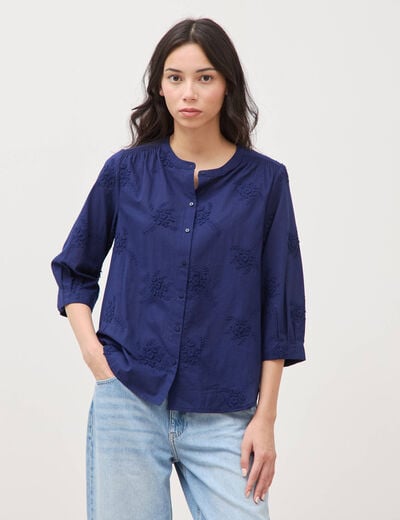 Chemise en coton manches 3/4 bleu marine femme