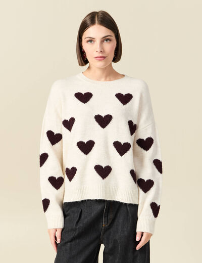Pull manches longues bouclette col rond prune femme