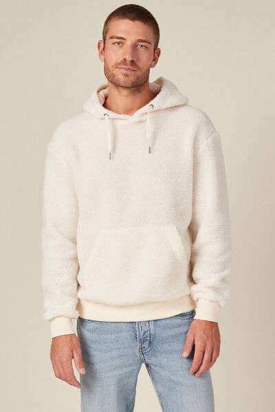 Sweat à capuche laine mouton ecru homme