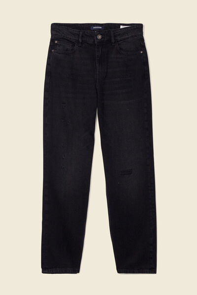 Jeans straight 7/8ème destroy denim noir femme