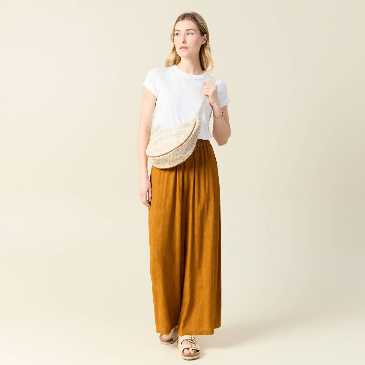 Pantalon large camel femme