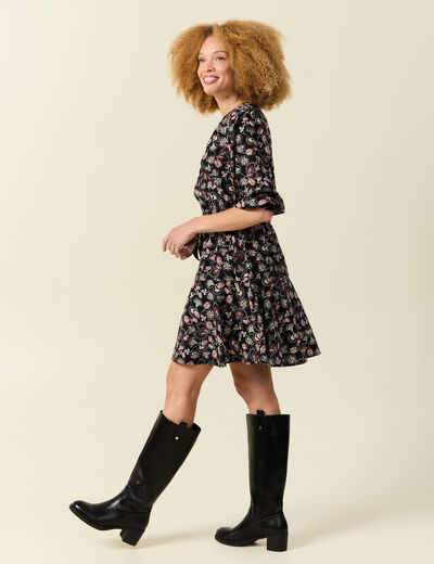 Robe évasée fluide manches 3/4 noir femme