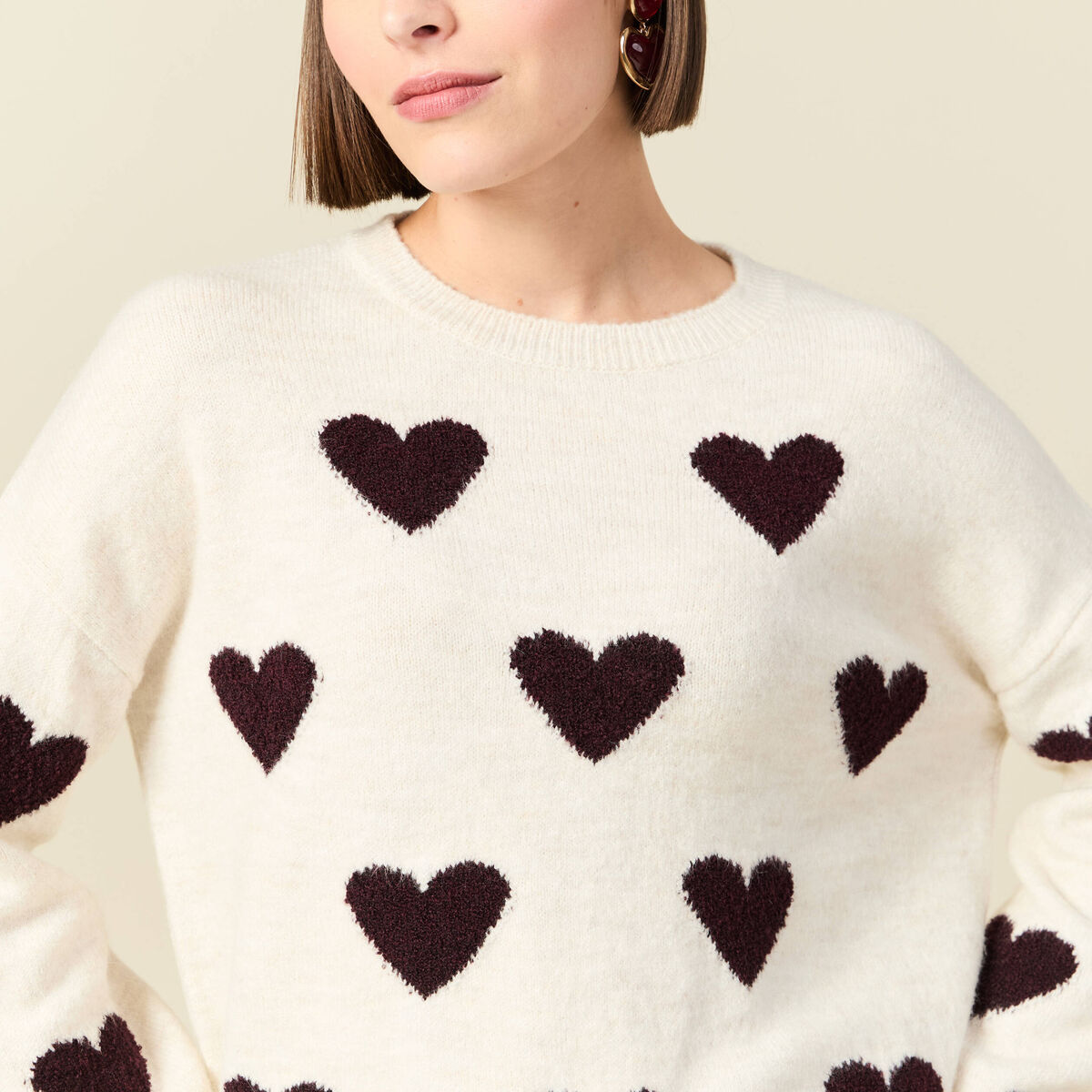 Pull manches longues bouclette col rond prune femme