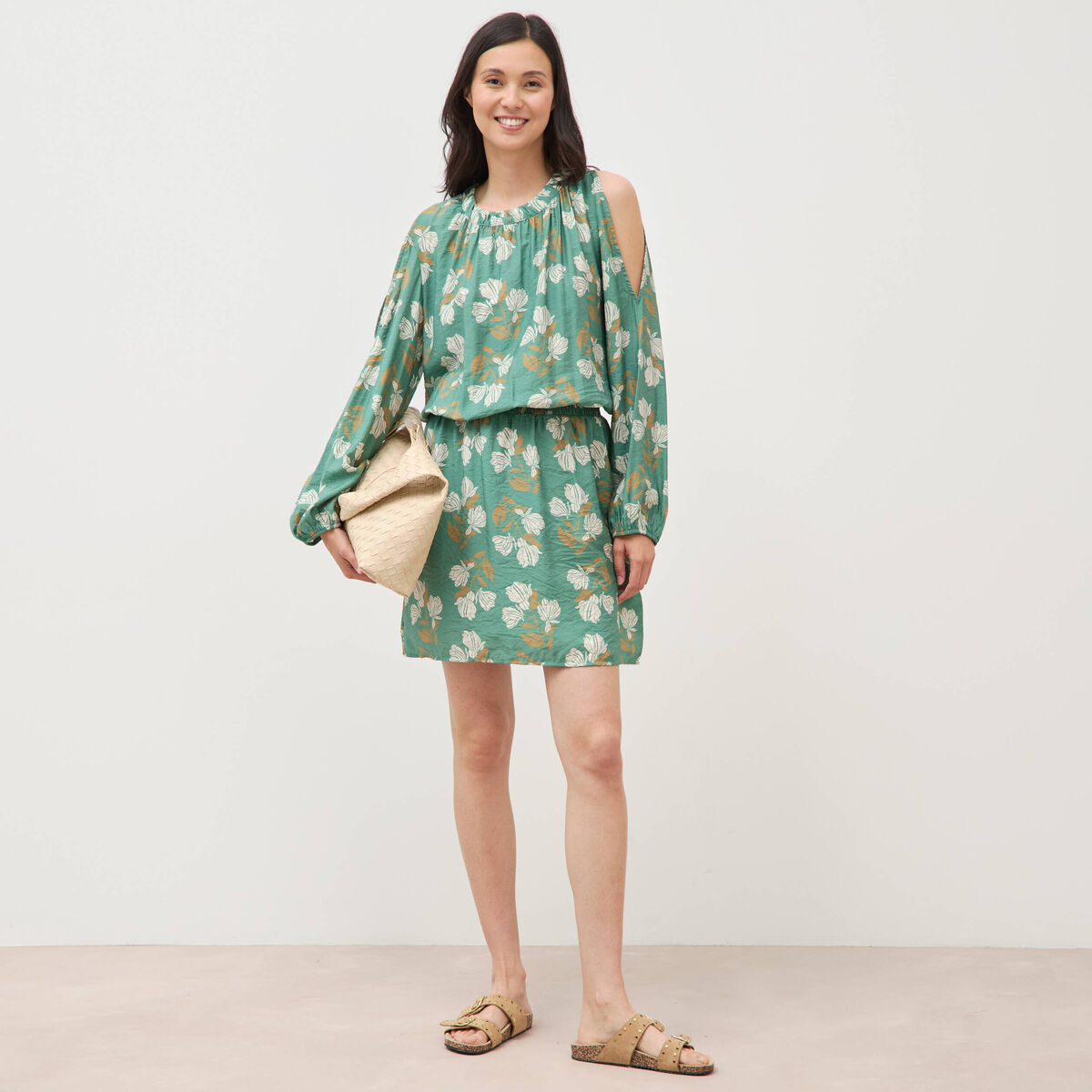 Robe manches longues col rond vert &eacute;meraude femme
