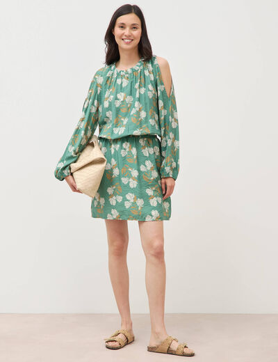 Robe manches longues col rond vert &eacute;meraude femme