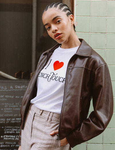 Blouson oversize manches longues doubl&eacute; marron femme