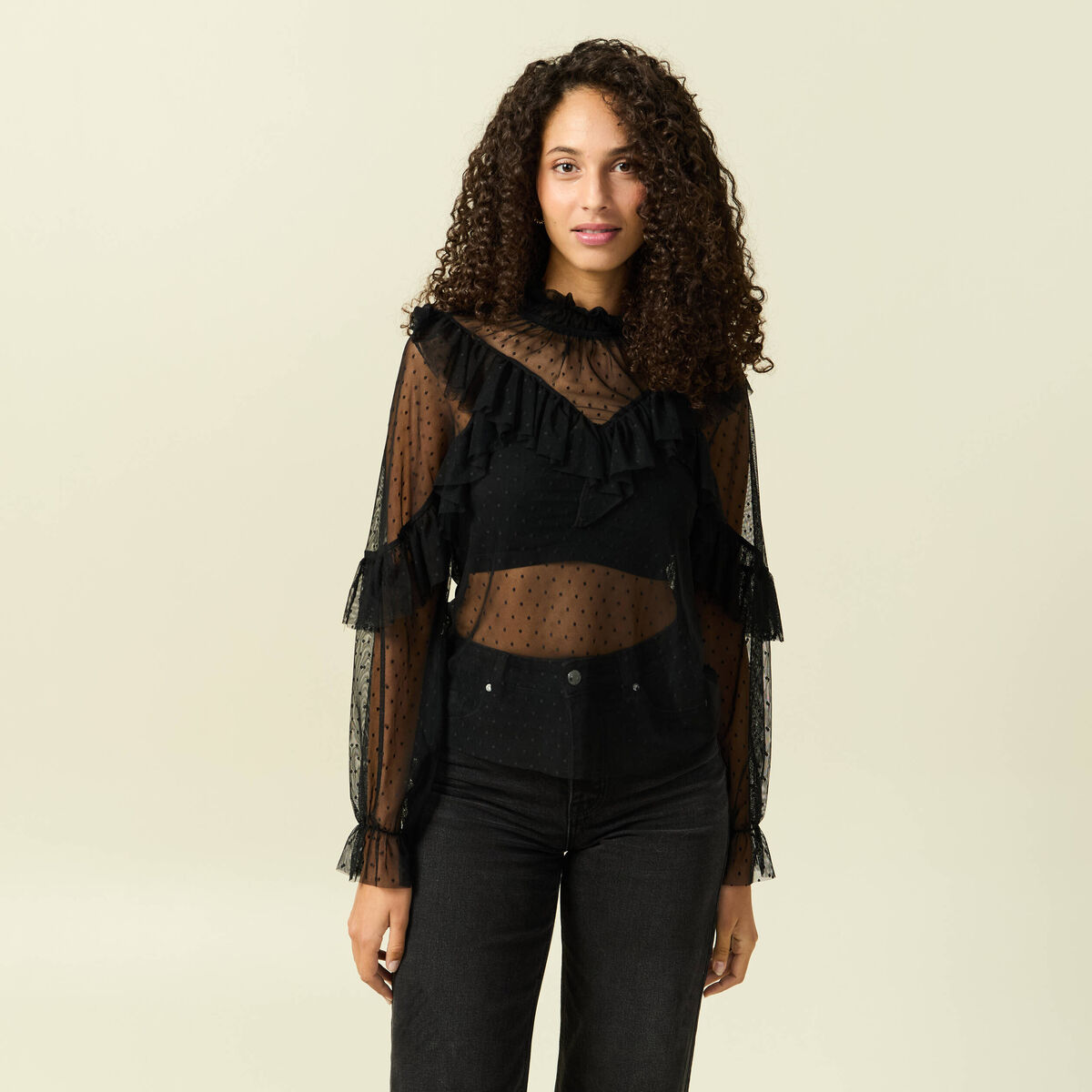Blouse transparente manches longues noir femme
