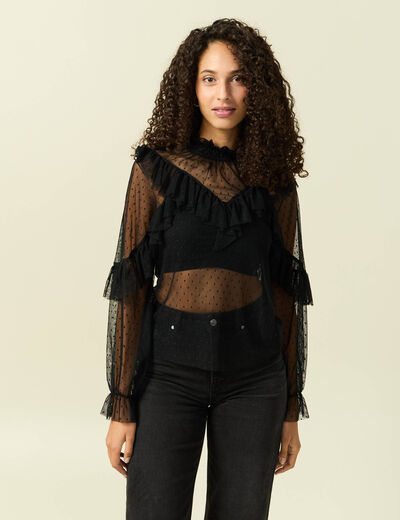 Blouse transparente manches longues noir femme