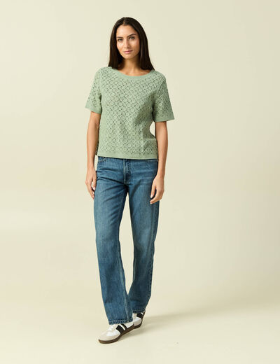 T-shirt ajour&eacute; col rond manches courtes vert kaki femme