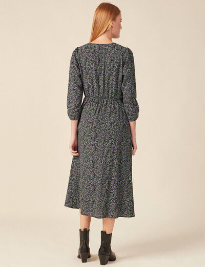 Robe droite 3/4 col v manches fluides noir femme