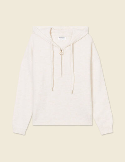 Pull &agrave; capuche zipp&eacute; creme femme