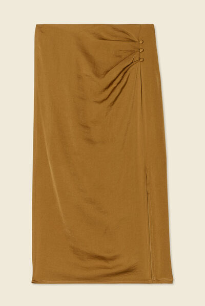 Jupe midi droite fendue marron femme