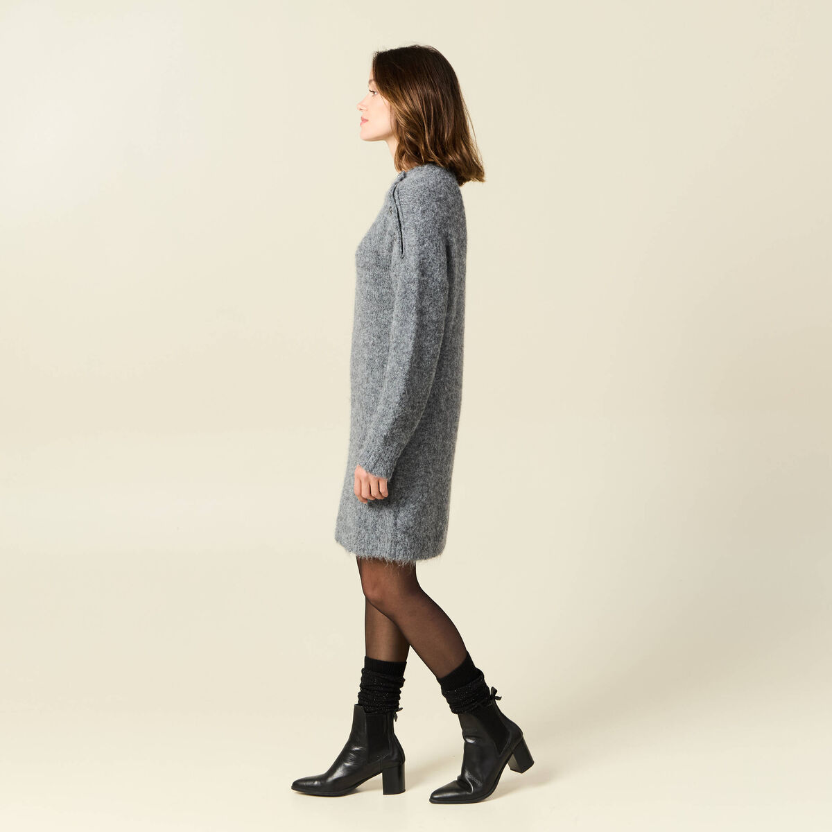 Robe pull droite avec boutons gris clair femme