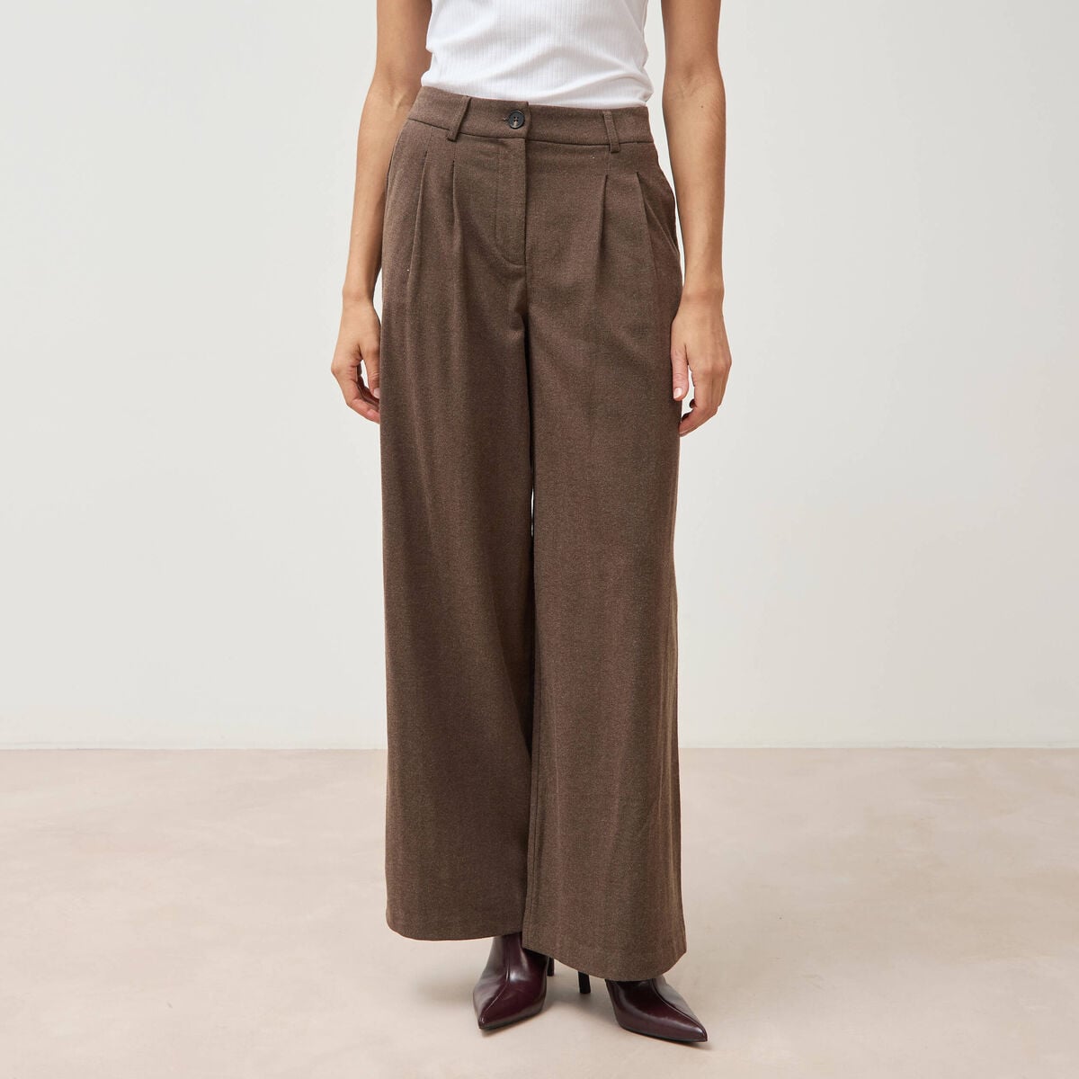 Pantalon large taille standard marron fonc&eacute; femme