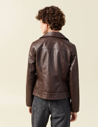 Blouson biker simili cuir marron femme