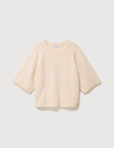 Pull droit court col v manches courtes ivoire femme