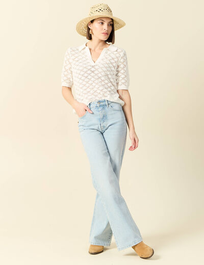Pull manches courtes ajouré blanc femme