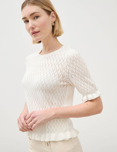 Pull ajour&eacute; droit manches courtes ecru femme