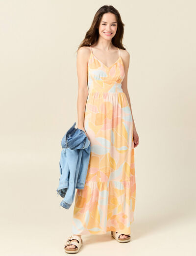Robe longue évasée à bretelles orange clair femme