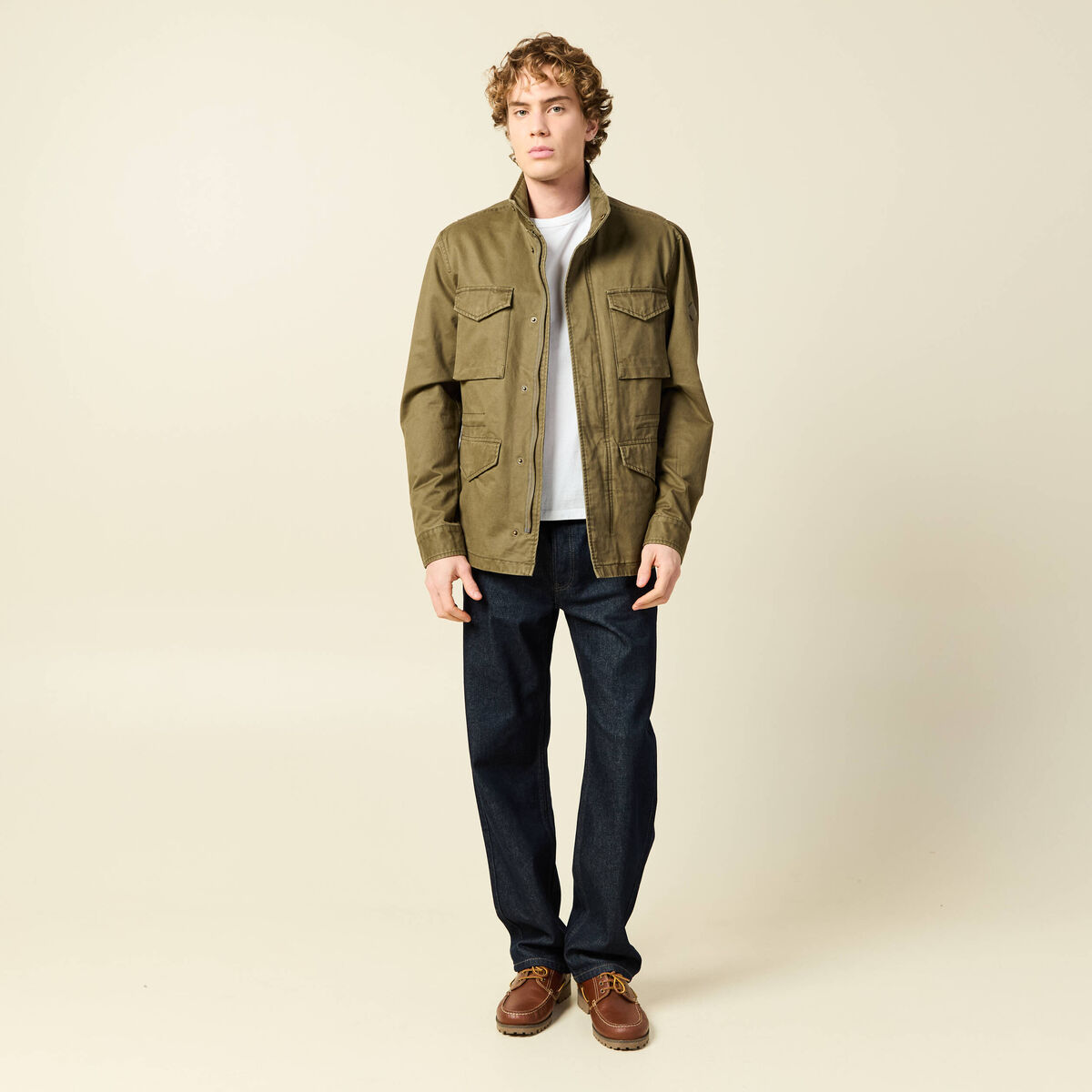 Saharienne col montant manches longues vert kaki homme