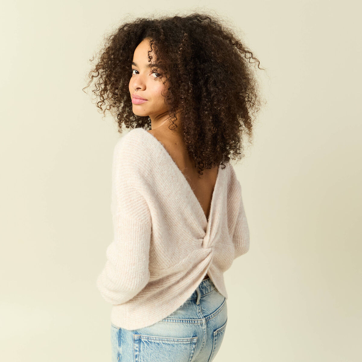 Pull r&eacute;versible manches longues col rond creme femme