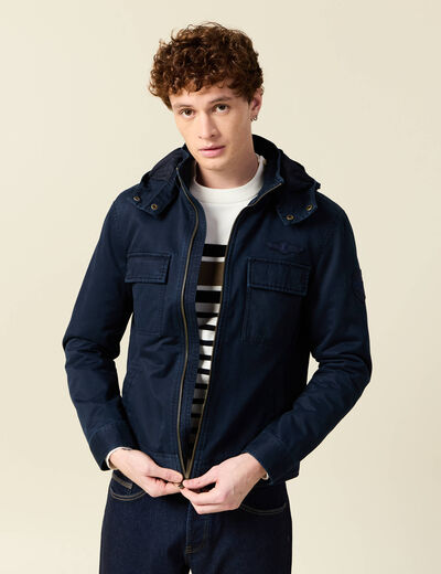 Blouson col montant à capuche bleu marine homme
