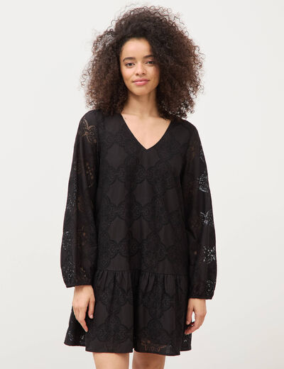 Robe dentelle manches longues doubl&eacute;e noir femme