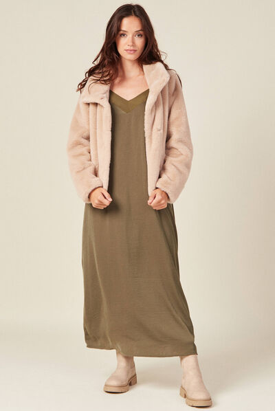 Manteau droit fausse fourrure beige femme
