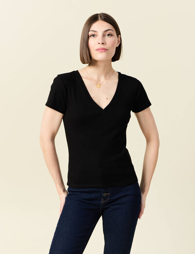 Short ajusté col V manches courtes noir femme
