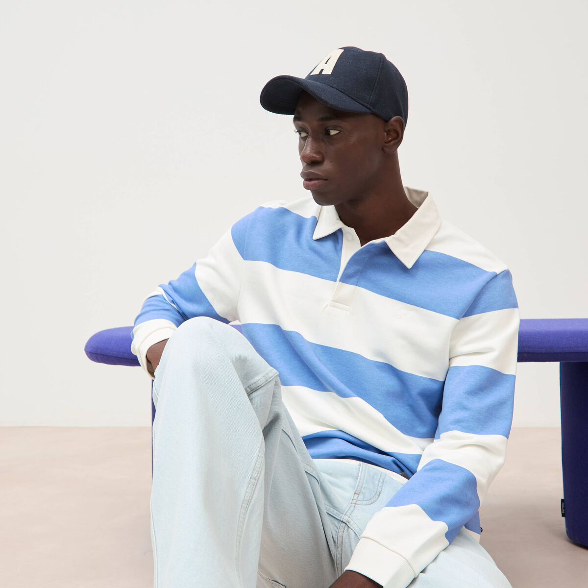 Polo manches longues broderie bleu violet homme