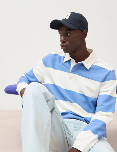 Polo manches longues broderie bleu violet homme