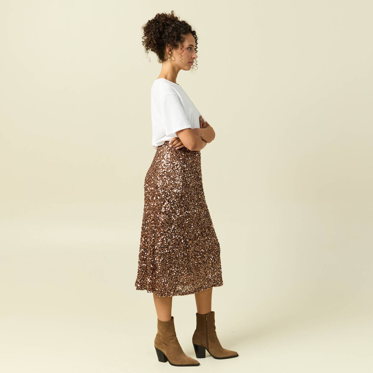 Jupe &agrave; sequins doubl&eacute;e vieux rose femme