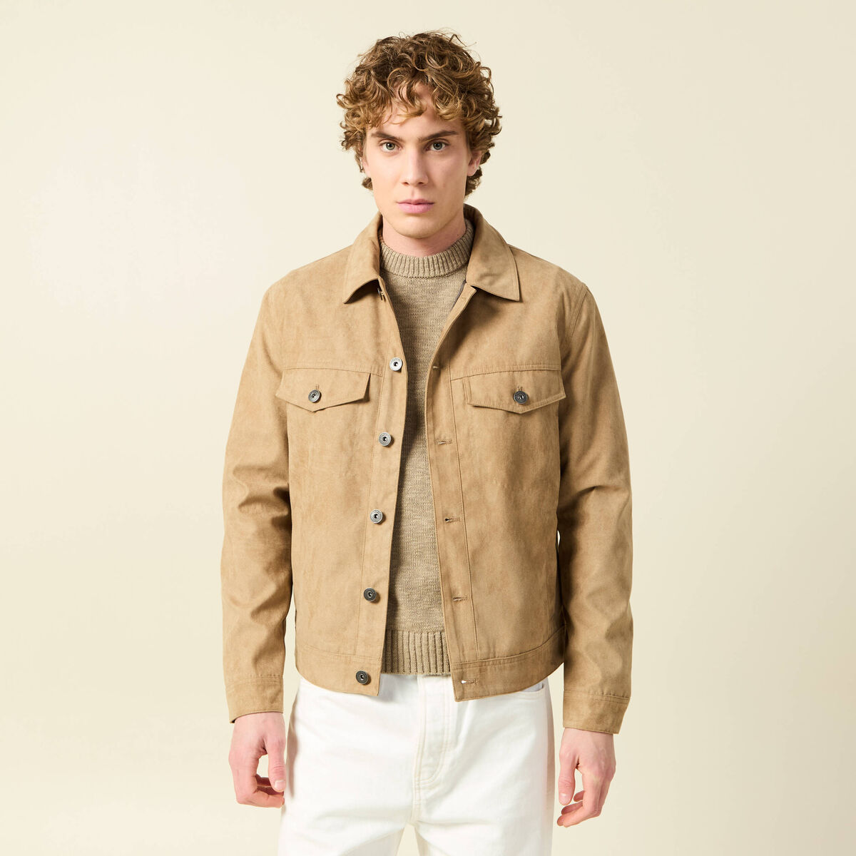 Blouson droit court col classique marron homme
