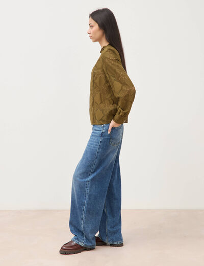 Blouse cintr&eacute;e dentelle manches longues vert olive femme