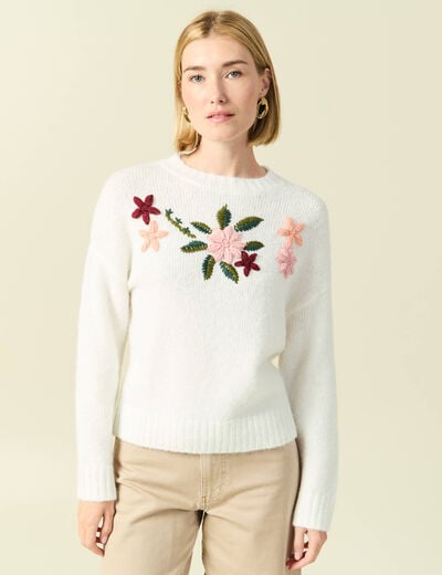 Pull col rond manches longues brod&eacute; ecru femme
