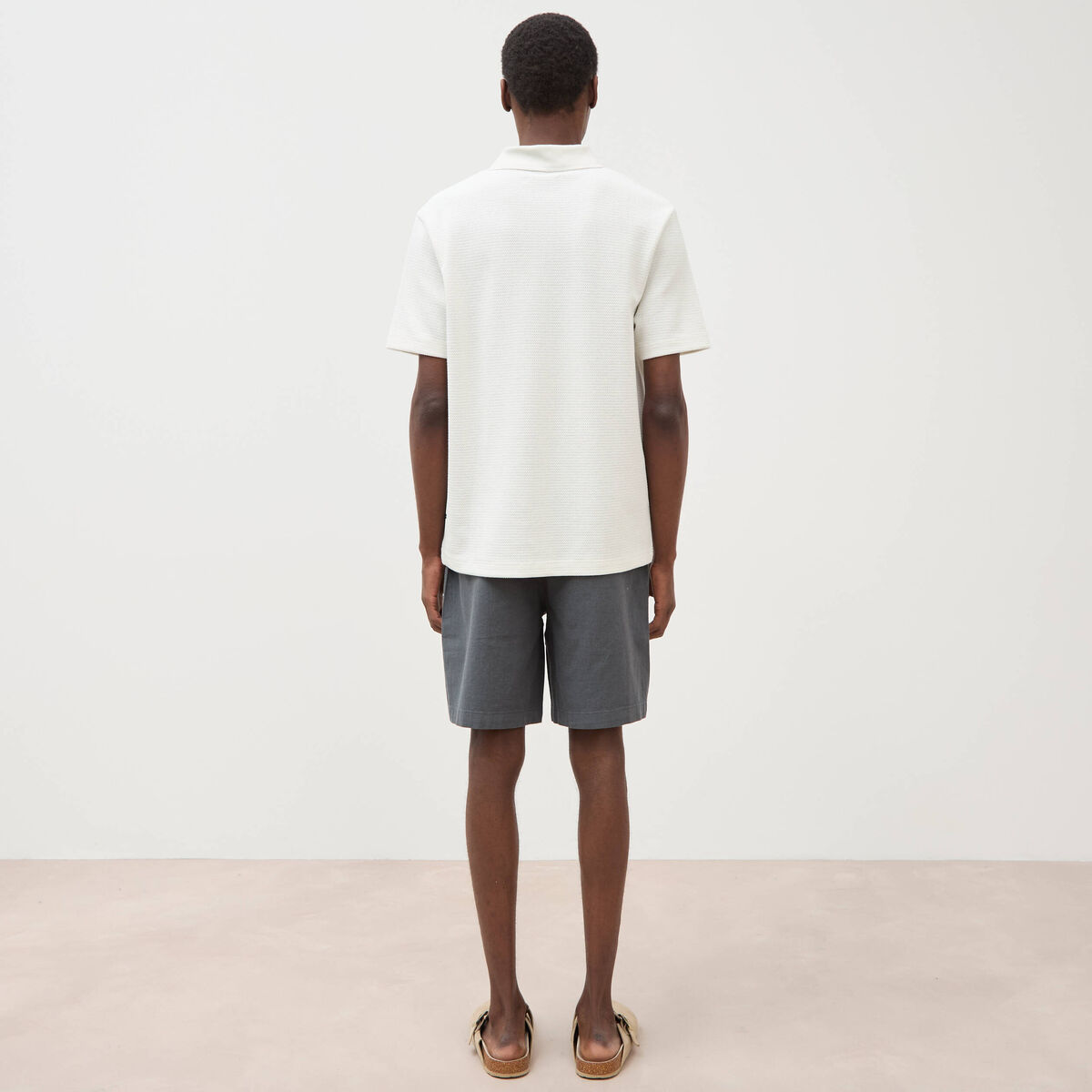 Polo manches courtes col cubain ecru homme
